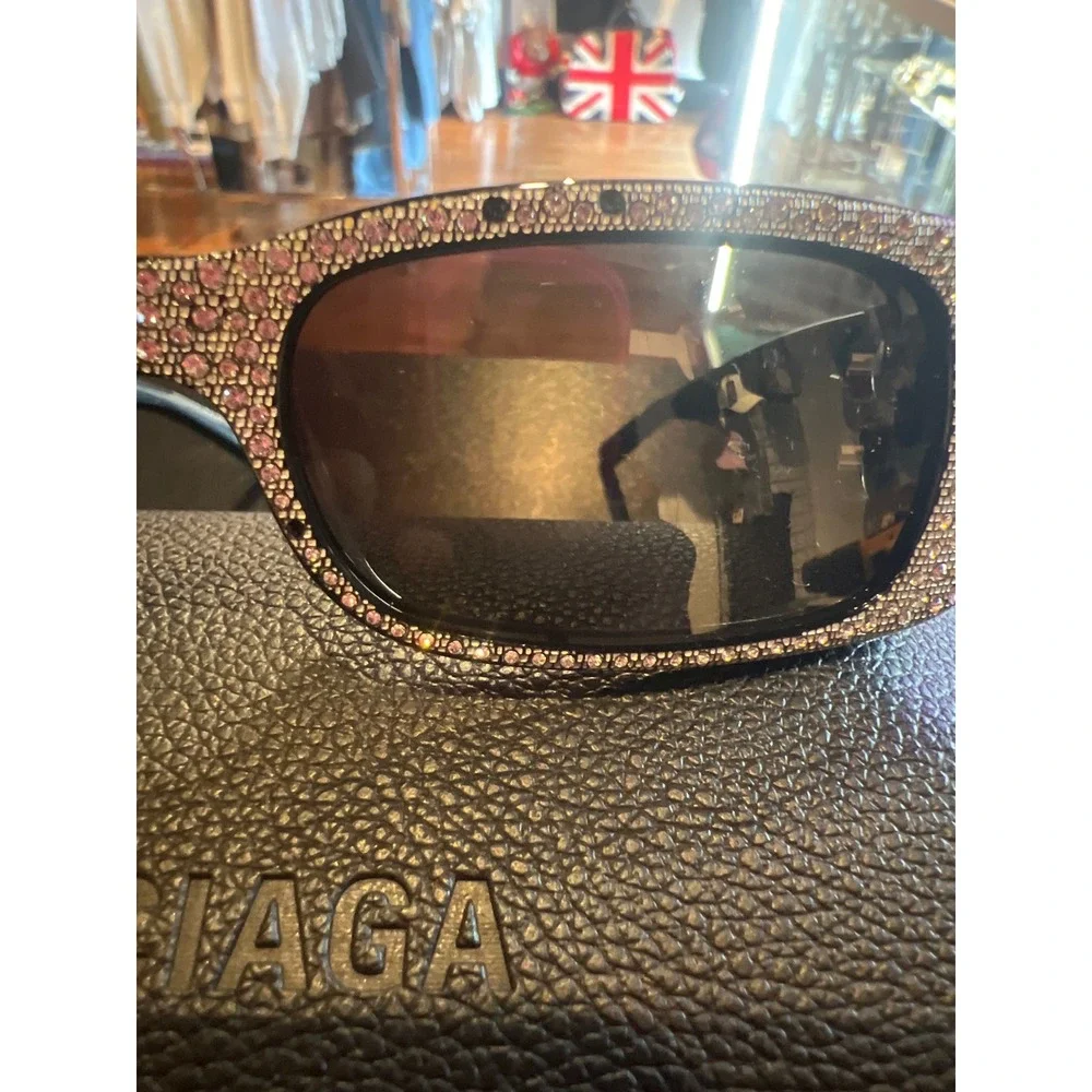 Balenciaga BB0096S Crystal Embellished Rectangular Sunglasses Blk Silver BB Logo